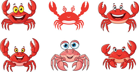 Vector Set of 6 Fun Cartoon Crabs with Different Expressions and Poses, Perfect for Children’s Illustrations, Beach Designs, and Fun Graphics © MstAkhlima