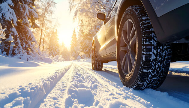 A silver SUV drives along a snow-covered road through a winter forest, bathed in golden sunlight.
