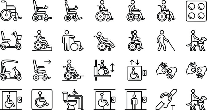 Disability accessibility and wheelchair icon set featuring mobility aids, assistive devices, inclusive design and support services symbols