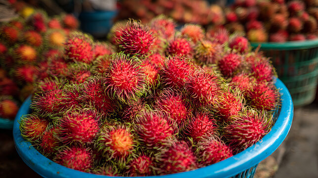 Close up many red rambutan in blue basket. rambutan sweet delicious fruit.background of fresh Thai rambutans. red and green.