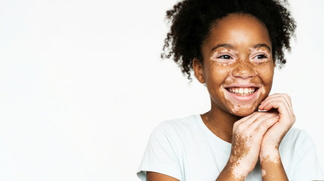Proud of skin imperfections Portrait of Joyful Young Girl With Vitiligo Skin Condition Smiling on White Background