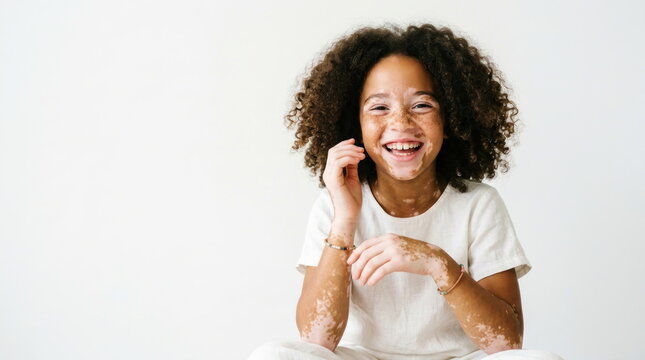 Proud of skin imperfections Portrait of Joyful Young Girl With Vitiligo Smiling Isolated on White Background