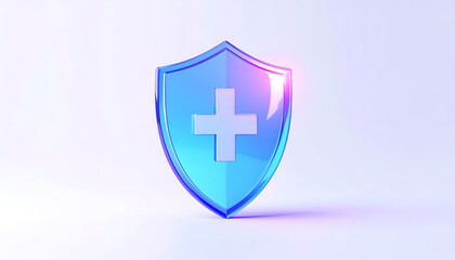 Obraz premium A vibrant blue shield with a white medical cross symbol glows against a soft, gradient background, representing protection and healthcare.