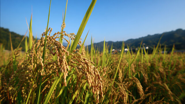 Mature rice in rice field, The rice fields are under the blue sky. The rice is growing in the field