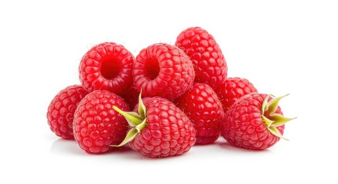 Fresh red raspberries in a small pile, ripe organic raspberry group with green stems, sweet summer berries for healthy nutrition and dessert cooking isolated on White Background