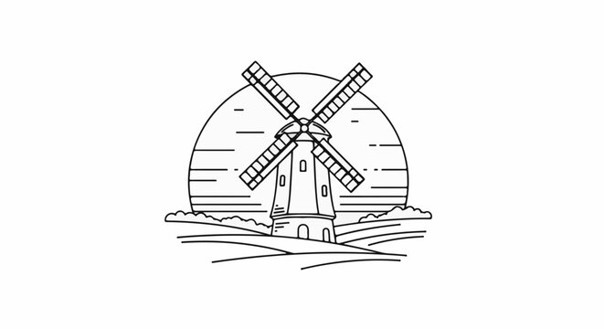 Silhouette of a traditional windmill set against a sun and landscape in linework
