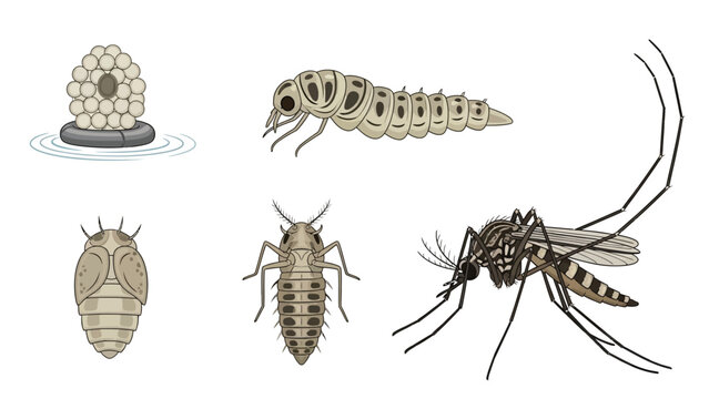 Mosquito Life Cycle Stages Vector Illustration Set Eggs Larva Pupa Nymph Adult Insect Biology Education Diagram