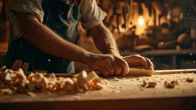 Artisan carpenter workshop, craftsman hands sanding wooden furniture, warm lighting, authentic craftsmanship, professional stock photo