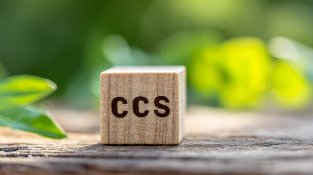 Symbol CCS  for Carbon Capture Storage words CCS on a wood cube on the environmental background. Net zero action concept. green energy, reduce carbon footprint, Save energy, carbon dioxide.