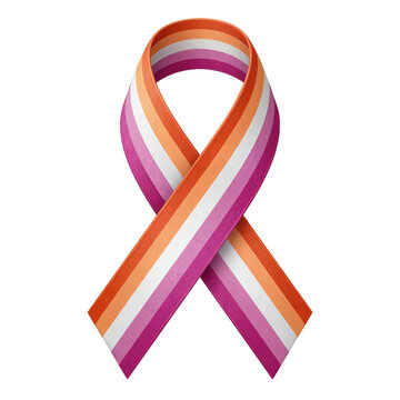 Lesbian pride awareness ribbon featuring orange white and pink stripes isolated on a white background