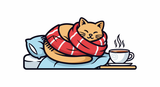 A cozy cat wrapped in a scarf rests on pillows near a steaming cup of coffee