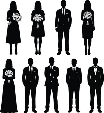 Wedding party silhouettes, formal couple icons, black suit and dress people, bouquets, vector illustrations