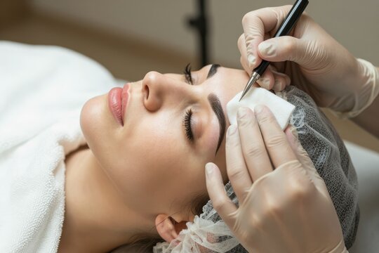 Woman Receiving Eyebrow Threading Treatment in Spa