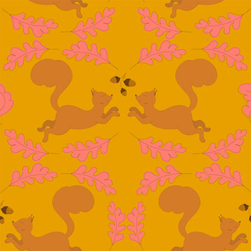 Seamless pattern with squirrels and oak leaves