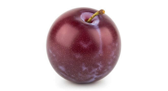 Ripe purple plum with stem, fresh organic stone fruit, sweet juicy damson plum for healthy eating and culinary recipes isolated on White Background