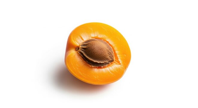 Fresh apricot half with pit, ripe orange fruit macro photography, organic sweet apricot slice for healthy food design isolated on White Background