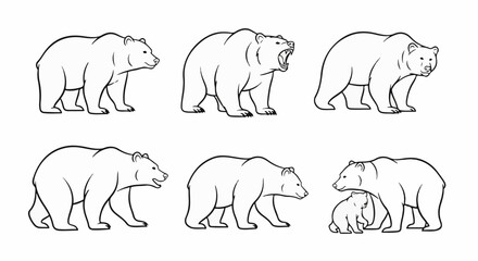 Fototapeta premium Six line drawings of bears in various poses, including a mother and cub