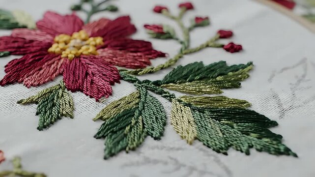 Closeup of a beautiful floral embroidery in progress on white fabric.