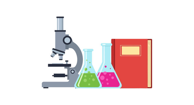 Microscope, flasks with colorful liquids, and a book representing science and education