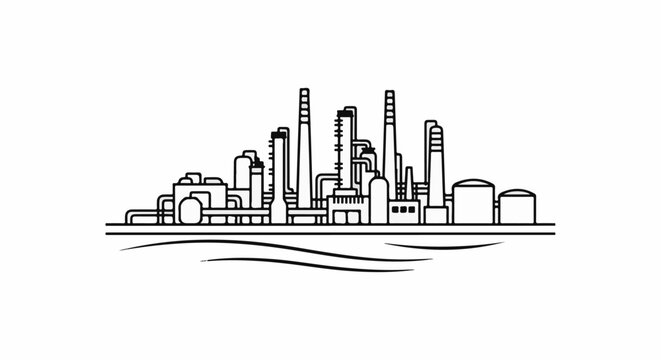 Stylized line drawing of an industrial complex with smokestacks and tanks