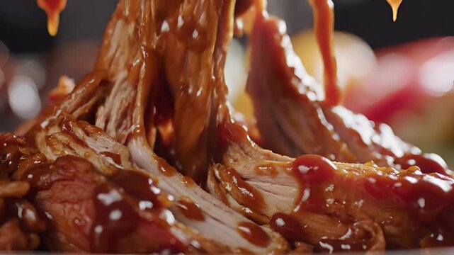 Closeup of tender pulled pork coated in barbecue sauce being shredded with tongs.