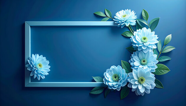 A serene composition features a rectangular frame adorned with delicate blue flowers and lush green foliage against a deep blue background, creating an elegant and calming visual.