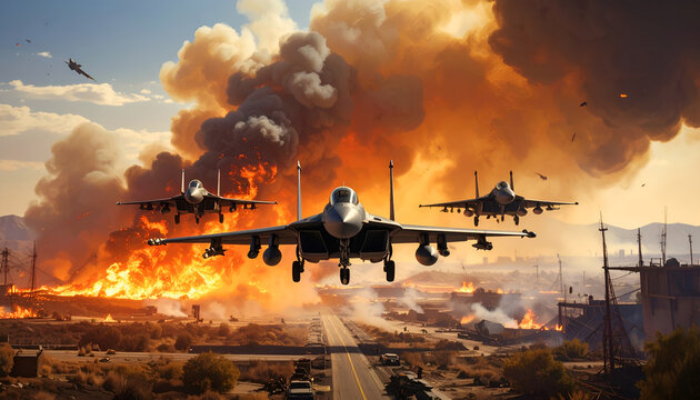 Three fighter jets soar over a burning landscape, depicting a scene of intense conflict and destruction.