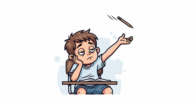 Bored student sits at desk, hand resting on cheek, pencil flying upwards