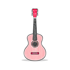 Obraz premium Vibrant pink acoustic guitar with six strings and wooden texture detail, front view