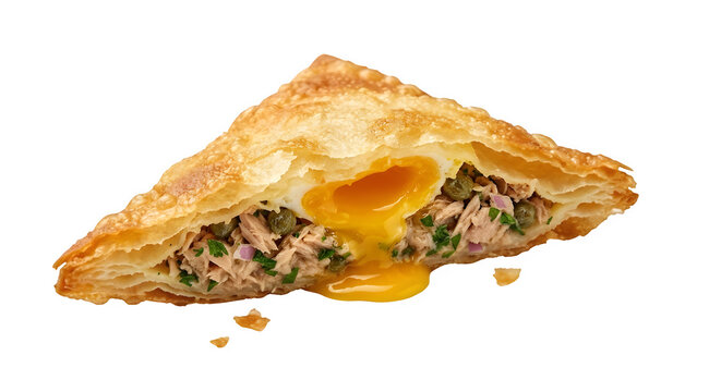 Golden baked pastry triangle with tuna and a runny egg yolk spilling as transparent cutout