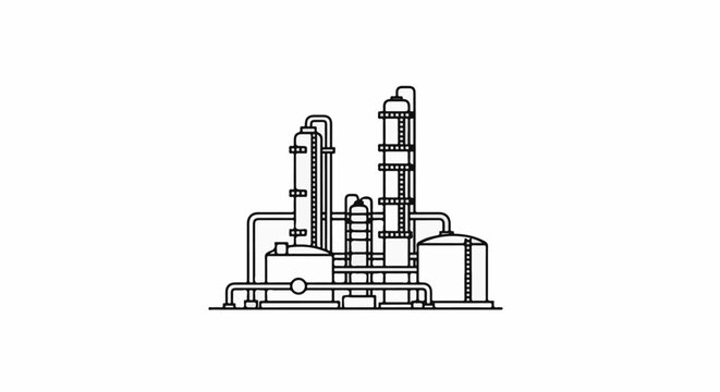 Industrial plant with distillation columns and storage tanks, vector graphic