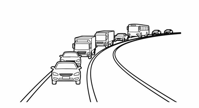 Line drawing of a multi-vehicle traffic jam on a curving road
