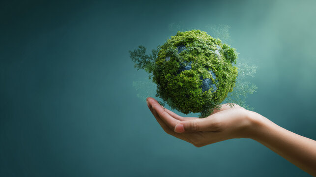 Hand of human holding green earth with the icon of Environment for ESG, co2, and net zero.World sustainable environment, save clean planet, Earth day and Ecology concept.