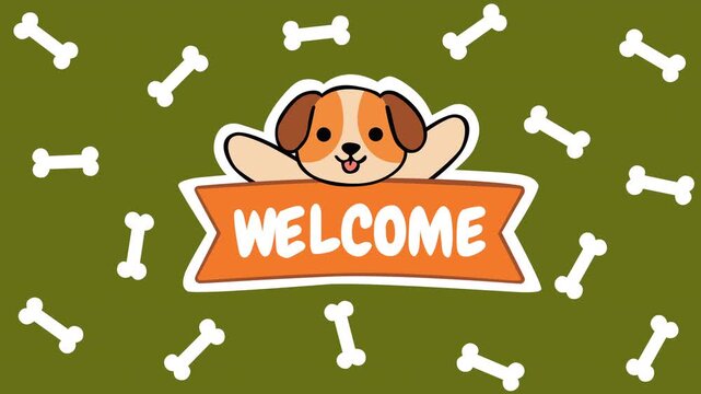 Adorable puppy smiling above a welcome banner on a playful background filled with bone shapes. Ideal for pet shops, veterinary clinics, adoption events, and friendly greeting visuals.
