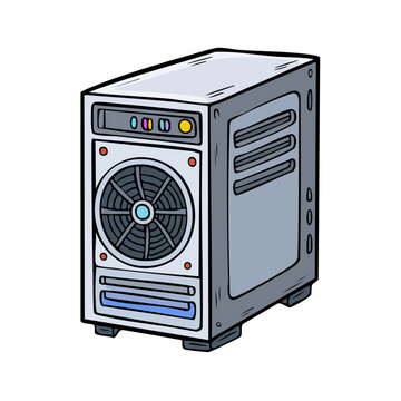 Stylized illustration of a desktop computer tower with a large front fan and cooling vents