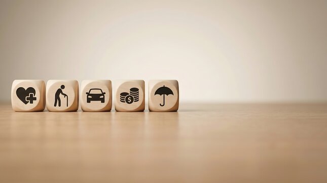 Symmetry-focused composition of wooden cubes with financial icons representing life insurance and retirement strategies arranged on a natural table with soft bokeh background.