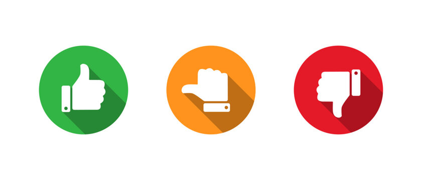 Like, neutral, and dislike icon with long shadow. Thumbs up, sideways, and down symbol