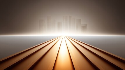 Obraz premium Abstract urban landscape with glowing horizon and geometric lines extending towards modern skyscrapers in a soft, muted ambient light