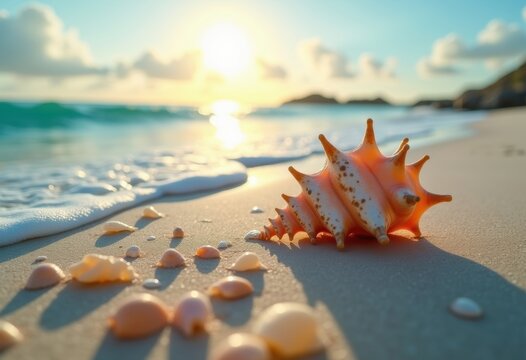 Calcium Carbonate Beach Shells Cradling Ocean Treasures Under Glimmering Skies