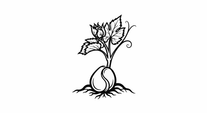 A stylized drawing shows a seed sprouting with roots and leaves