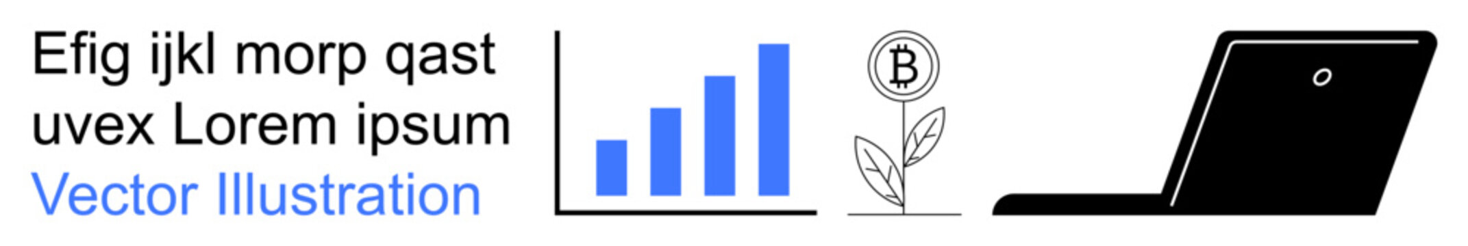 Business growth, digital technology, investment, cryptocurrency, financial analytics, remote work. A bar graph, coin with leaf and laptop. Business growth and digital technology