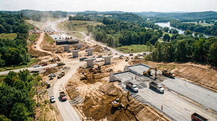 drone view major highway overpass construction site heavy machinery concrete pillars building new road bridge infrastructure expansion project beautiful green forest river landscape