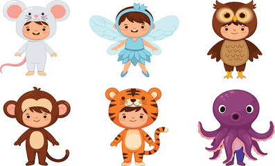 Naklejka premium Set of Cute Little Children in Costumes Vector Illustration Featuring Kids Dressed as a Mouse, Fairy, Owl, Monkey, Tiger, and Purple Octopus