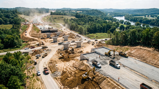 drone view major highway overpass construction site heavy machinery concrete pillars building new road bridge infrastructure expansion project beautiful green forest river landscape