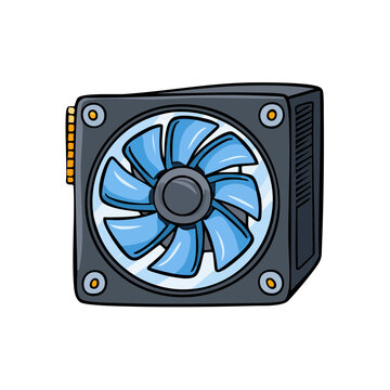Stylized computer power supply unit with a bright blue fan for cooling