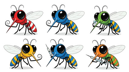 Fototapeta premium Set of six cartoon mosquitoes, each with unique colors and holding a syringe, representing different aspects of mosquito control or potential health concerns