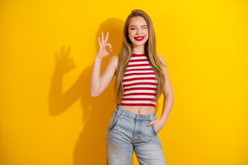 Cheerful young woman posing against yellow background with a playful OK gesture symbolizing...
