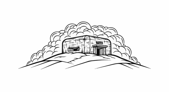 Concrete bunker on a hill, enveloped by clouds