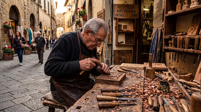 An elderly man carves intricate patterns into a wooden block at a workbench in an outdoor Italian workshop. Wood shavings and chisels are visible on the table.