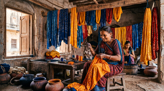 A woman sits in a workshop in Jaipur, tying fabric for Bandhani tie-dye. Colorful dyed cloths hang from wooden beams, and clay pots sit on the floor in natural light.